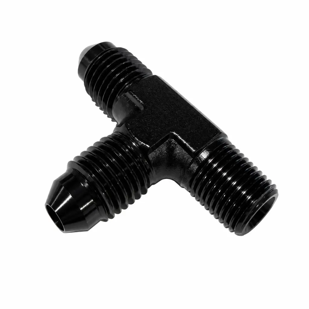 HCC-[AF826-04BLK] FLARE TO PIPE TEE -4 TO 1_8 NPT ON RUN BLACK.webp