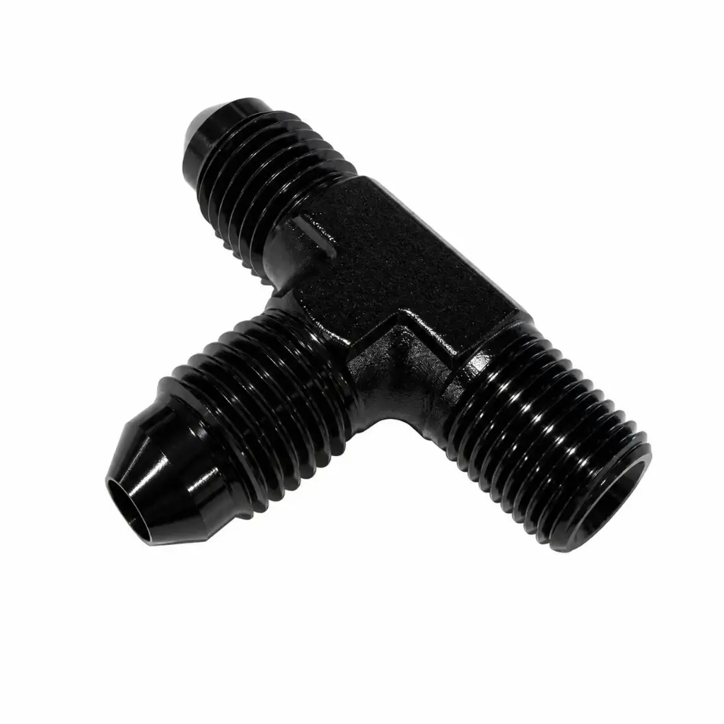 FLARE TO PIPE TEE -4 TO 1/8 NPT ON RUN BLACK